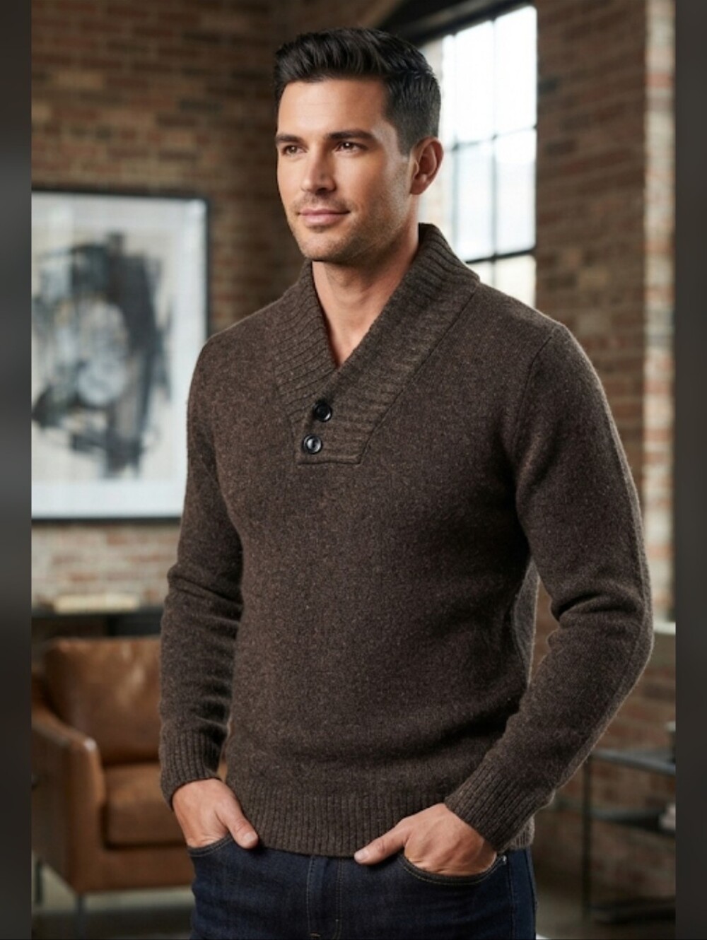 Jordan Craig D-LUX Brown Wool Blend Pullover Shawl Collar Sweater Men's Large